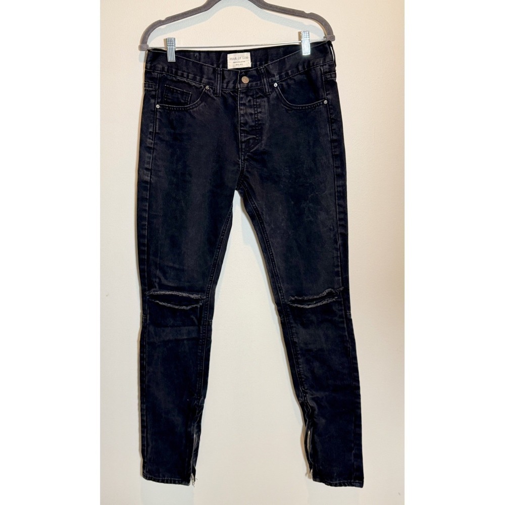 Fear of God Fourth Collection Jet Black Distressed Zipped Hem Jeans 32 x 34